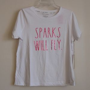 Rae Dunn Sparks Will Fly Tee Shirt White Red Small